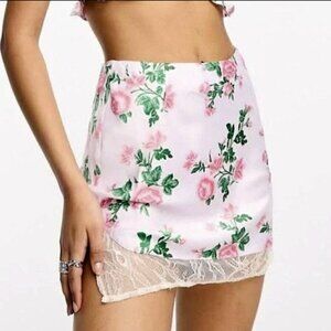 Asos satin skirt in rose floral with lace size 4